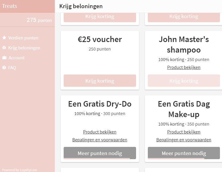 screenshot of logged in Treats screen