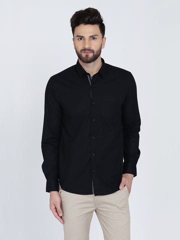 Black Cotton Plain Full Sleeves Slim Fit Shirt