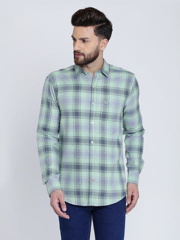 Sea Green Cotton Plaids Slim Fit Casual Shirt