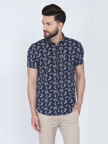 Navy Blue Cotton Leaf Print Slim Fit Casual Shirt