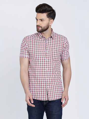 Red Cotton Checks Half Sleeves Slim Fit Shirt