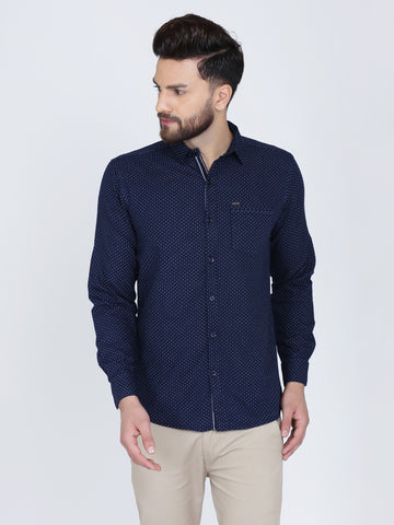 Navy Blue Cotton Dot Print Slim Fit Casual Shirt