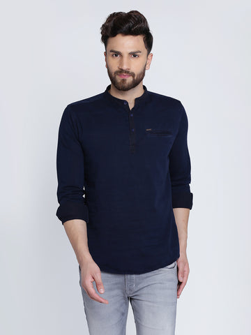 Solid Navy Blue Cotton Slim Fit Casual Shirt