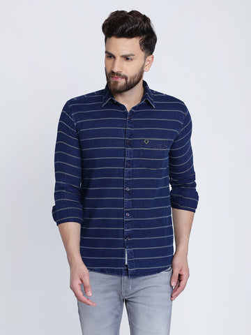 Navy Blue Cotton Stripes Print Casual Shirt