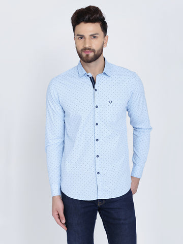 Light Blue Cotton Print Spread Slim Fit Shirt