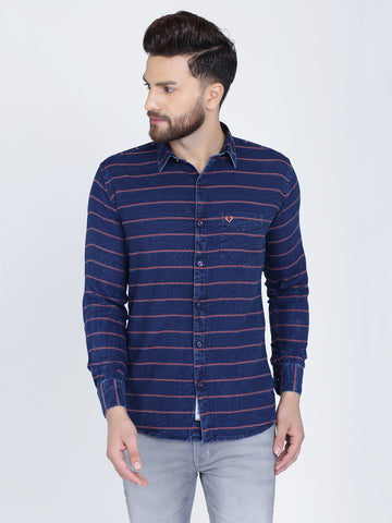 Navy Blue and Pink Cotton Stripes Print Casual Shirt