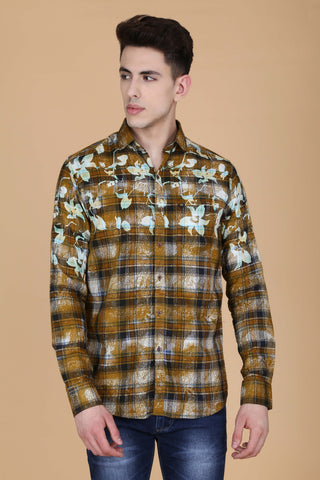 Mustard Cotton Print Slim Fit Casual Shirt