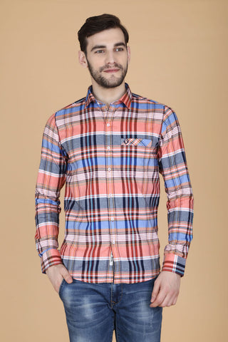 Pink Cotton Plaids Slim Fit Casual Shirt