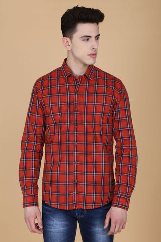 Orange Cotton Plaids Spread Collar Full Sleeves Shirt