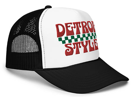 Detroit Style Foam Trucker Hat - Black & White - Embroidered with Red & Green