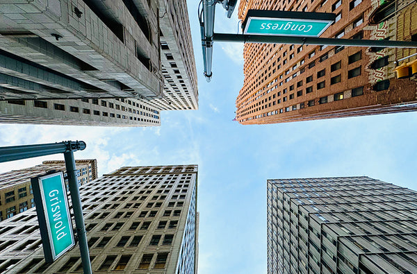 Downtown Detroit skycrapers at the corner of Congress and Griswold - Pure Detroit Skyscraper Tour