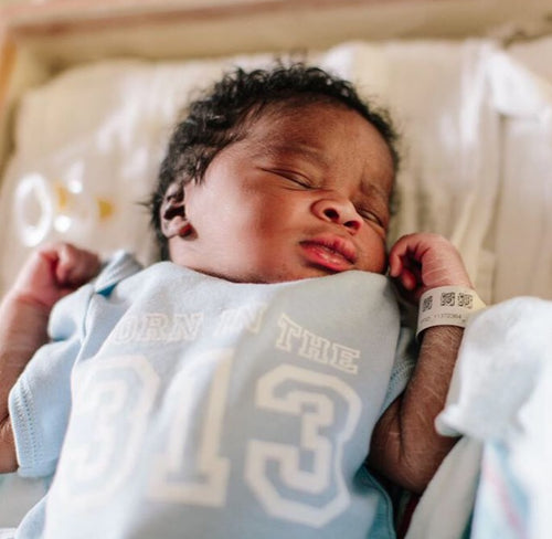 313 Day in Detroit - Newborn with a Born in the 313 baby onsie - Pure Detroit x DMC
