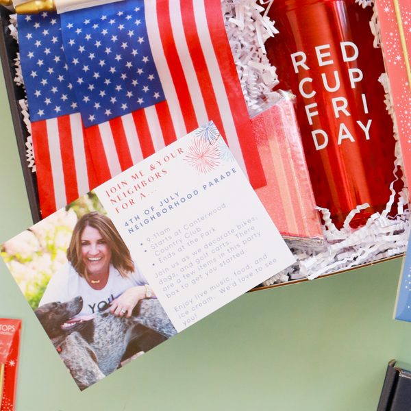 Custom branded notecard from the sender to the recipient of the custom branded fourth of July gift box for top Gig Harbor Real Estate Agent Paige Schulte