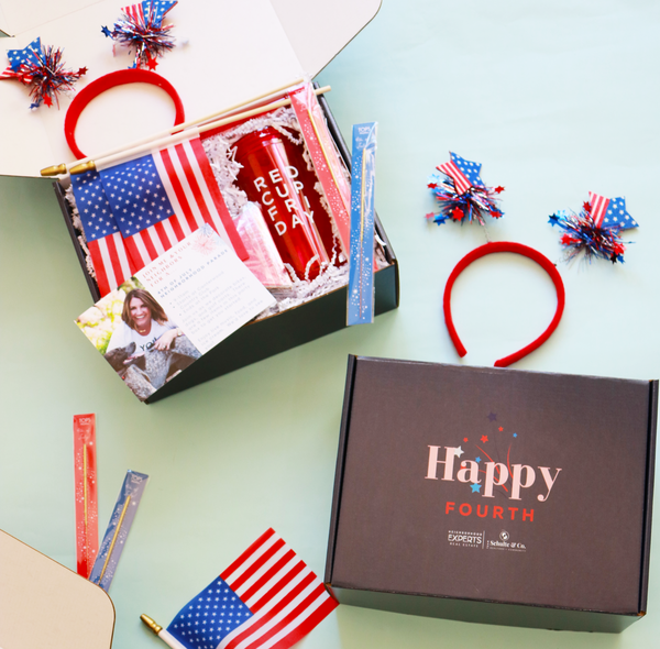 Custom, branded Fourth of July parade party kit gift boxes for top Gig Harbor Real Estate Agent Paige Schulte