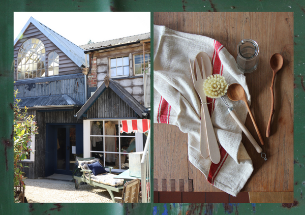 corrugated-iron-shop-with-white-shop-window-and-sun-lounger-out the front next to a photo of wooden kitchen utensils. Both placed on top of green metal rustic material.