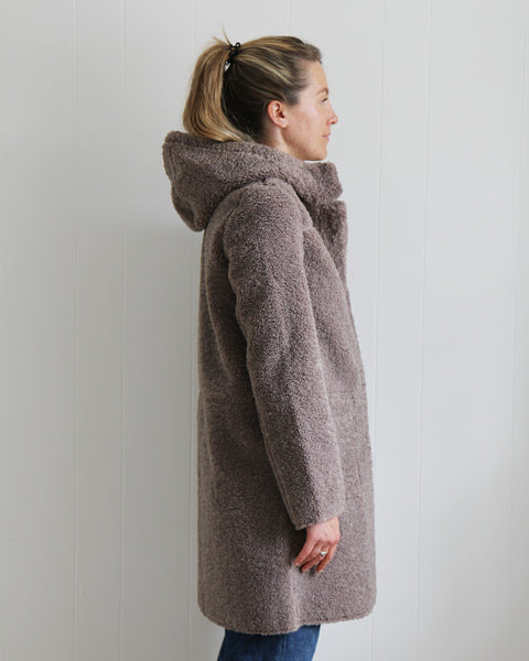 womens shearling coat in oak grey