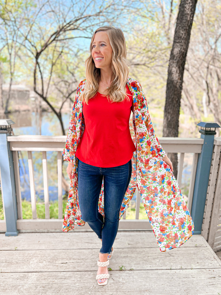 Contemporary Collection Long Red Floral Kimono Ribbons and Spice Boutique