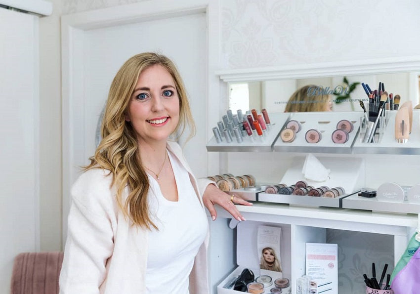 Magnolia Beauty Therapy owner Bailey, and a selection of beauty products