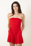 Strapless Elasticized Waistline Sleeveless Summer Tube Pocketed Shirred Ruched Romper