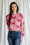 Butterfly Print Cropped Sweater For Women In Pink