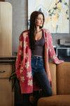 Fuzzy Daisy Print Long Cardigan For Women In Pink
