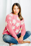 Fuzzy Daisy Print Crewneck Sweater For Women In Pink