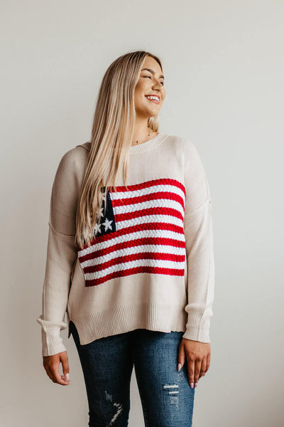 Miracle Clothing Knit American Flag Sweater for Women in White