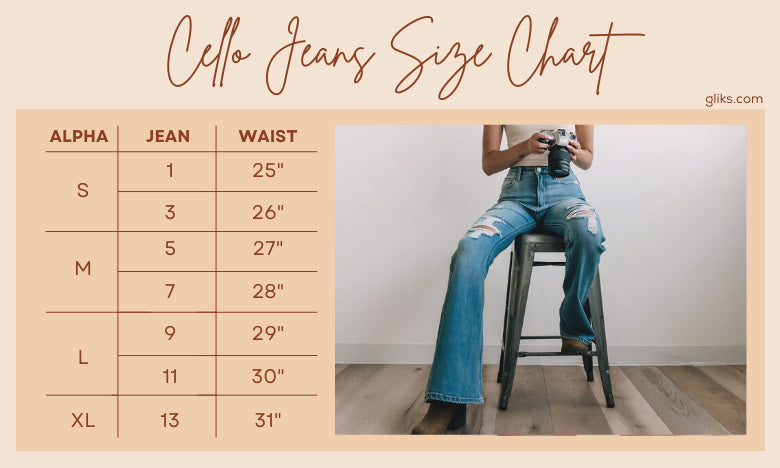 Glik's Size Chart - Cello Jeans