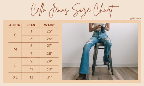 Women's Cello Jeans Size Chart