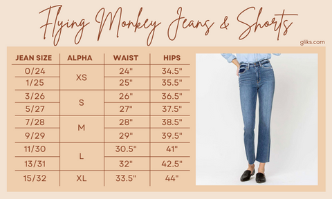 Women's Flying Monkey Jeans Size Chart