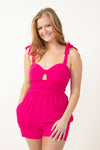 Smocked Polyester Sleeveless Cutout Pocketed Elasticized Tie Waist Waistline Romper With a Bow(s)