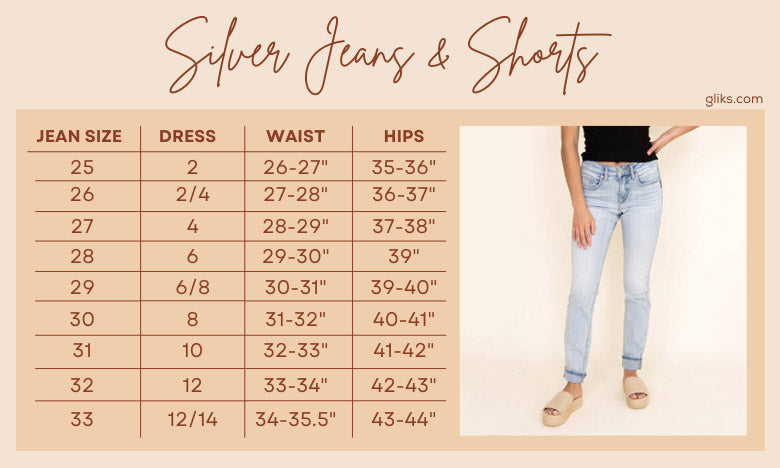 cliënt Metalen lijn dichtbij Silver Jeans Size Chart – Glik's