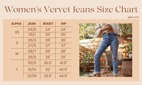 Women's Vervet Jeans Size Chart