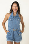 Pocketed Belted Button Front Sleeveless Halter Western/Romper