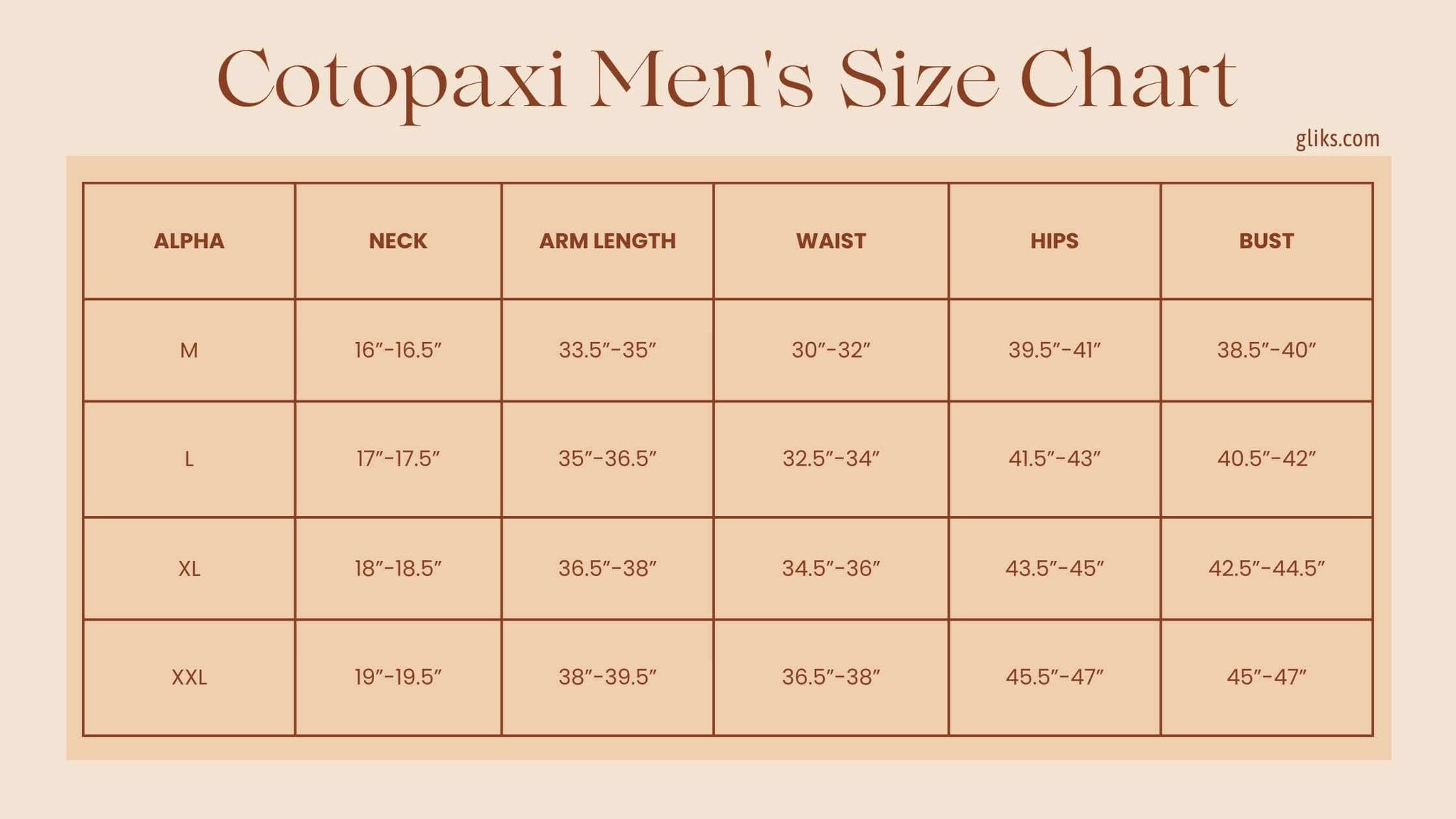 Cotopaxi Men's Size Chart