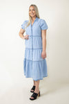 V-neck Short Sleeves Sleeves Tiered Button Front Summer Midi Dress