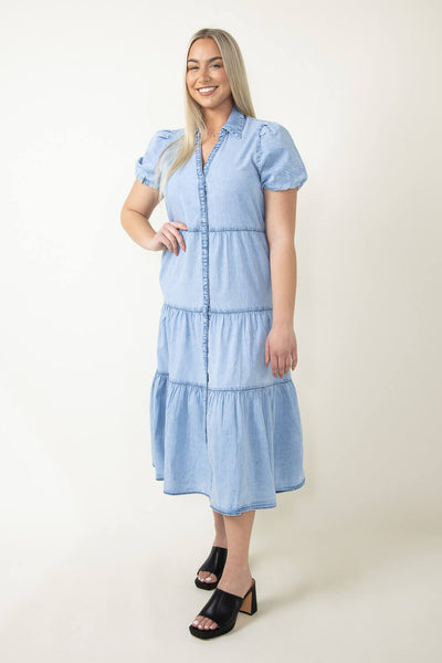 V-neck Short Sleeves Sleeves Summer Tiered Button Front Midi Dress