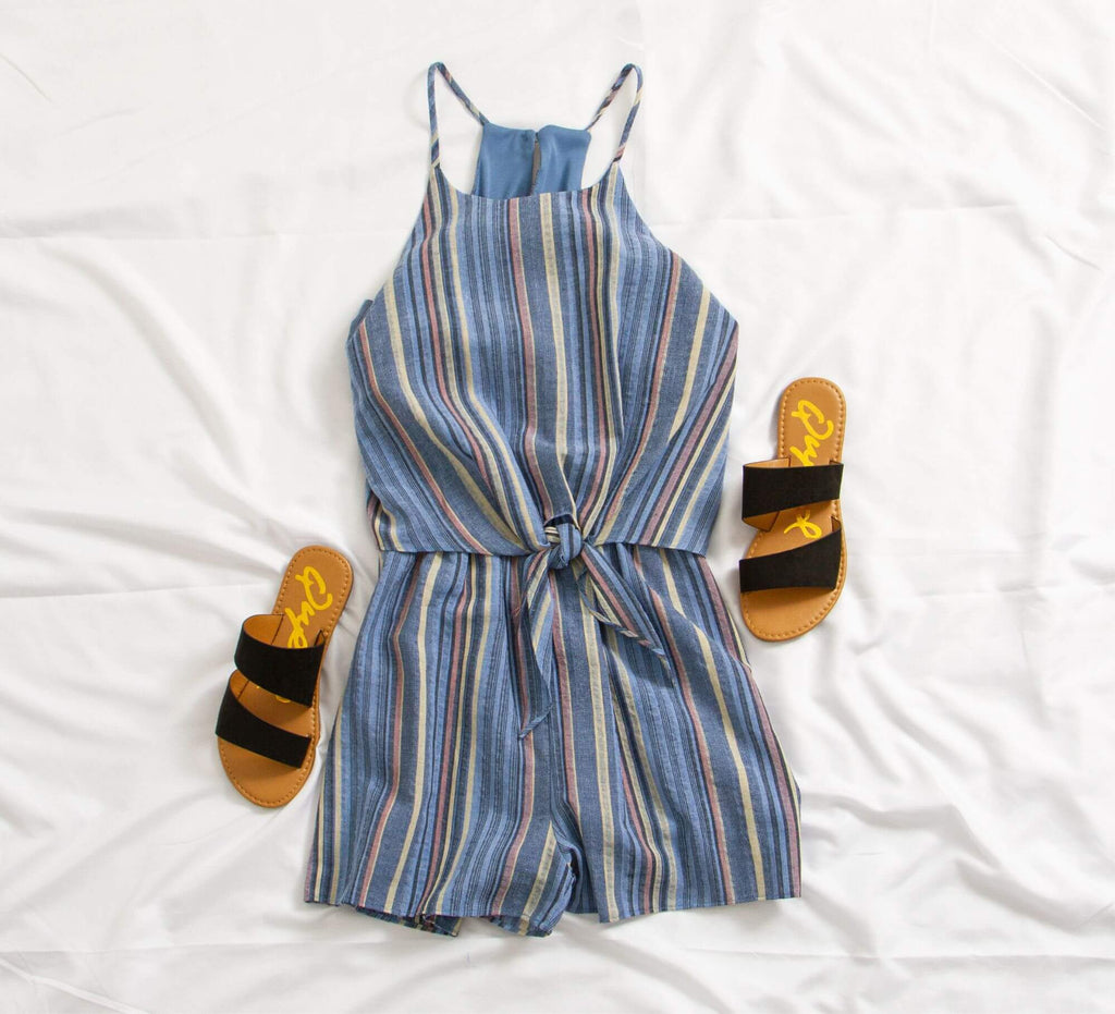 Everly Clothing Striped Tie Front Romper