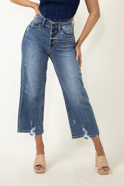 Judy Blue High Rise Release Wide Leg Cropped Jeans for Women in