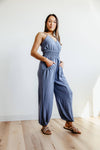 V-neck Pocketed Elasticized Waistline Spaghetti Strap Jumpsuit