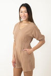 V-neck Elasticized Waistline Hidden Back Zipper Pocketed Dolman Short Sleeves Sleeves Romper With a Bow(s)