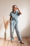 Short Sleeves Sleeves Button Front Pocketed Collared Cotton Tie Waist Waistline Jumpsuit