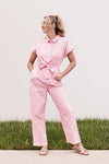 Cotton Tie Waist Waistline Short Sleeves Sleeves Pocketed Button Front Collared Jumpsuit