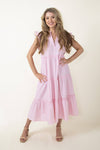 V-neck Cotton Tiered Summer Cap Sleeves Maxi Dress With Ruffles