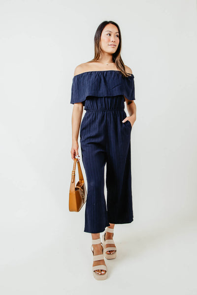 Off the Shoulder Sleeveless Pocketed Jumpsuit With Ruffles