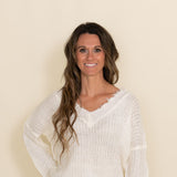 Main Strip Frayed V Neck Sweater for Women in White