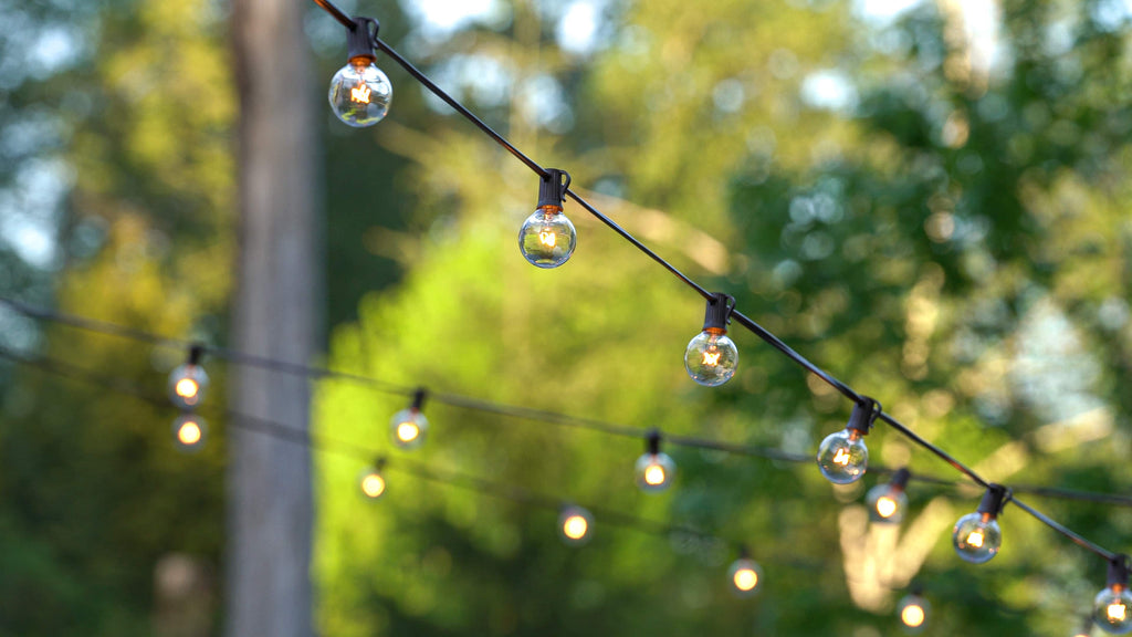 glamping gear scene - powered lightbulbs