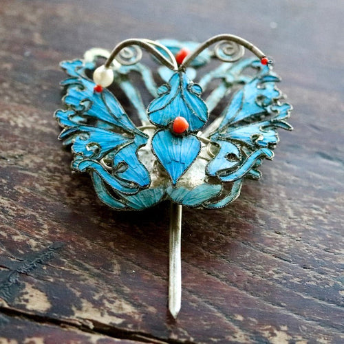 Antique Tian-Tsui (點翠) Hair Pin - Butterfly/Moth - 1028