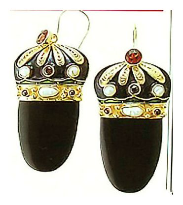 Catherine The Great Onyx, Garnet and Pearl Screw Back Earrings