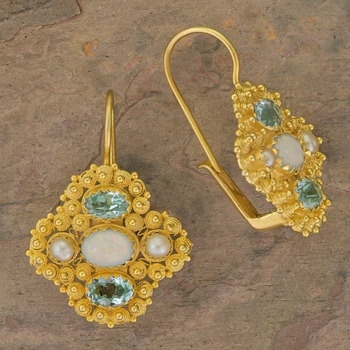 Duchess Of Newcastle Opal, Blue Topaz and Pearl Earrings